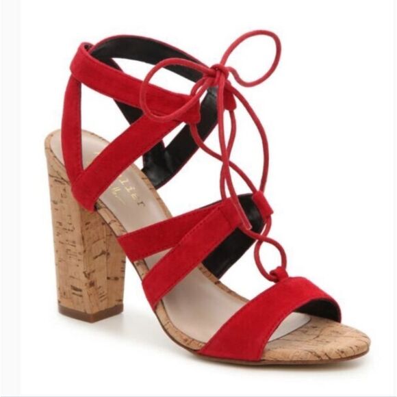 NEW Nicole Miller Artelier 8.5 Tate Red Lace Up Suede Strappy Heels Cork - Picture 1 of 10